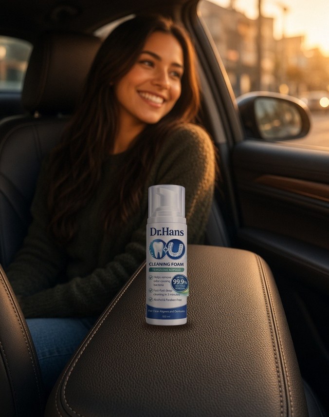 Woman using Dr.Hans foam in a car on the road
