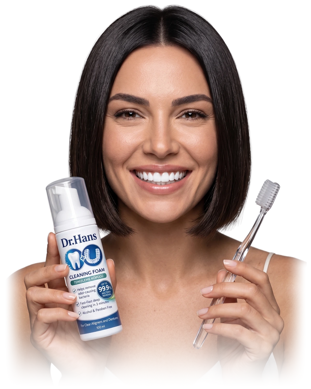 Smiling woman holding Dr.Hans foam and a toothbrush