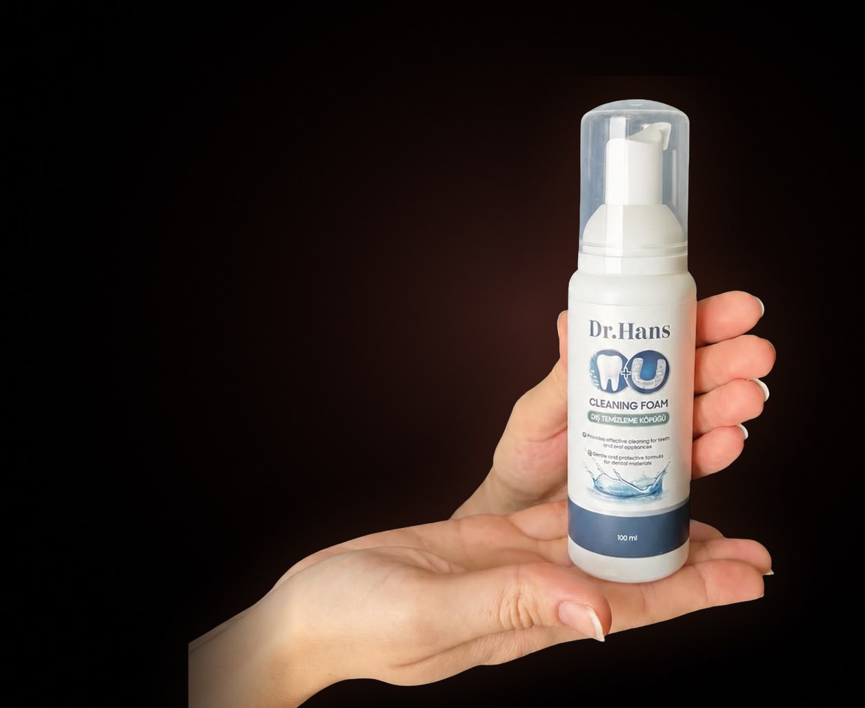 Dr.Hans Clean Foam bottle resting in a palm