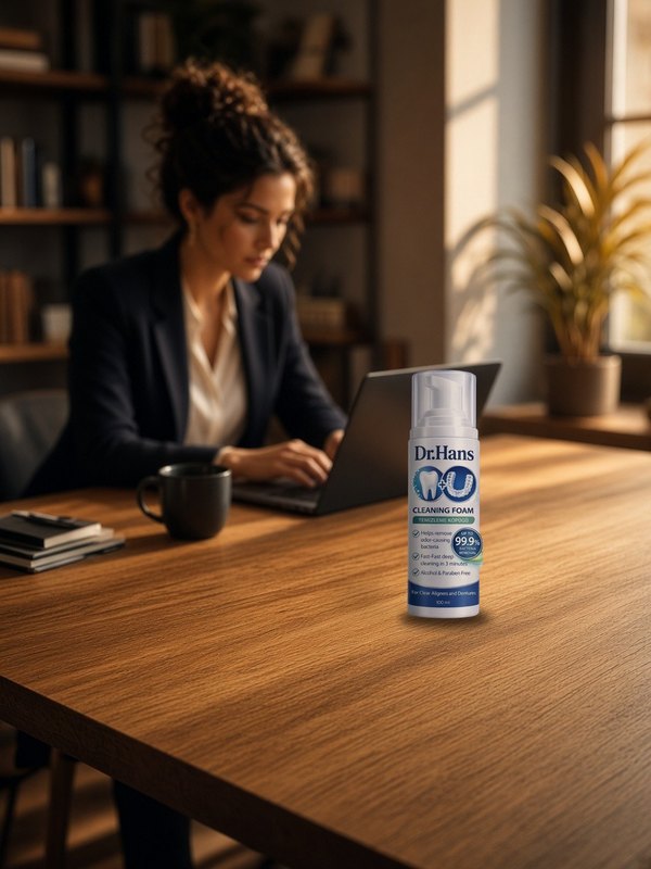 Dr.Hans Clean Foam on the desk of a woman working on a laptop