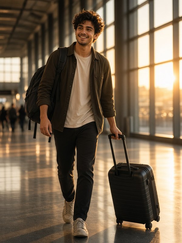 Smiling man traveling with a suitcase